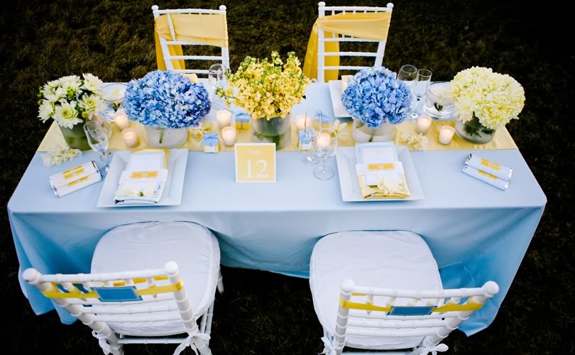 the color pallete is soft blue and yellow and uses monogram details