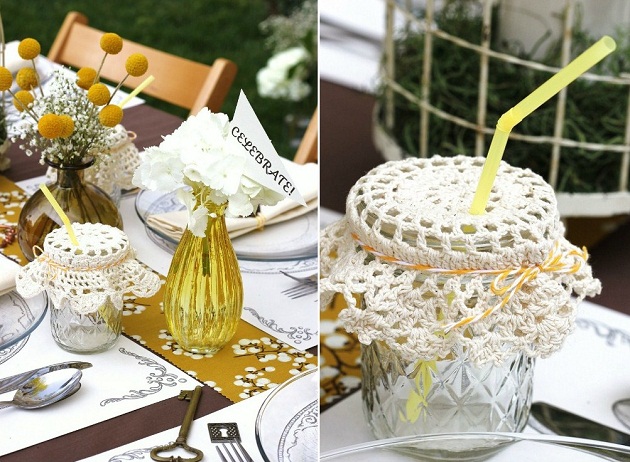 canning jar drinks with doily cover