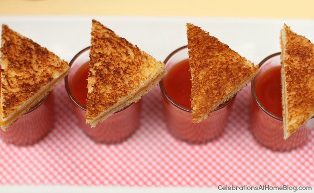 grilled cheese triangles over tomato soup shots