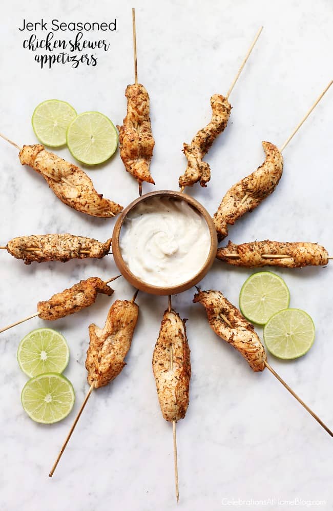 You're going to love serving these Jerk Seasoned Chicken Skewers appetizers for entertaining at home. This party appetizer is delicious and easy to eat. Don't forget to make the dipping sauce too!