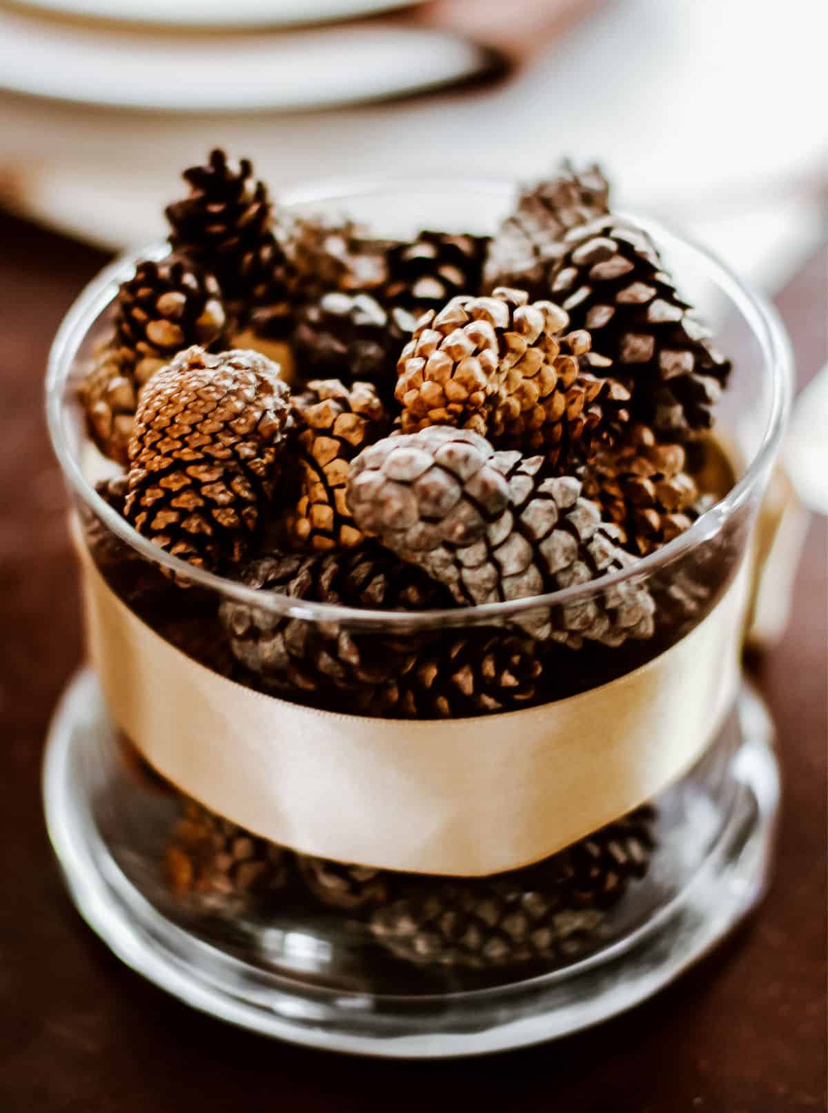 glass vase filled with pinecones