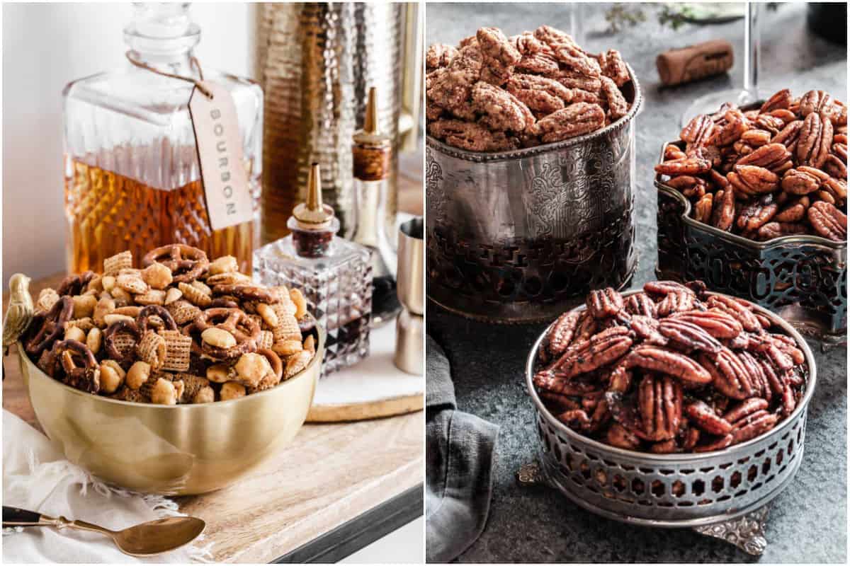 photo collage of Chex mix and flavored pecans.