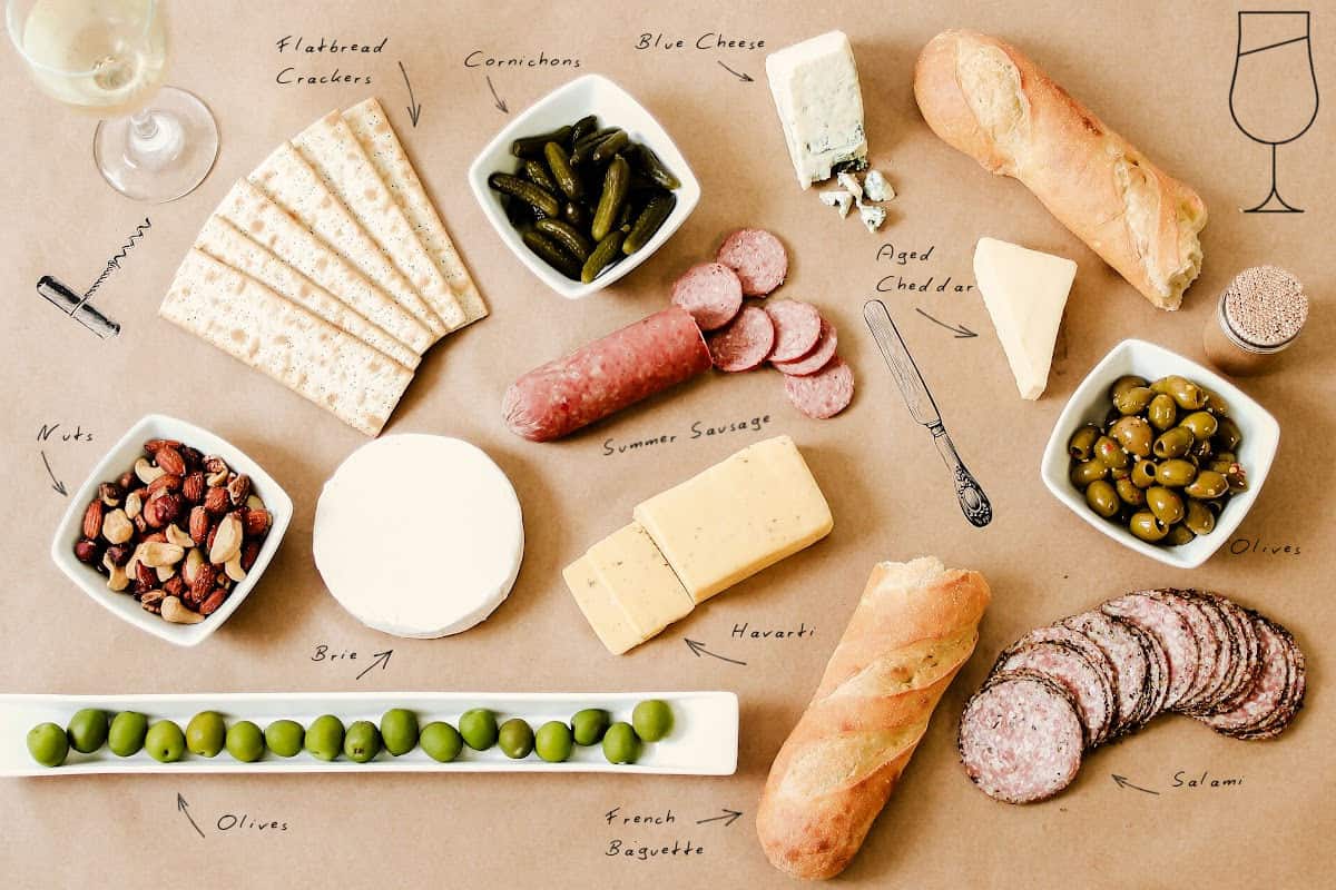 kraft paper background with various cheese, meats, and accompaniments.