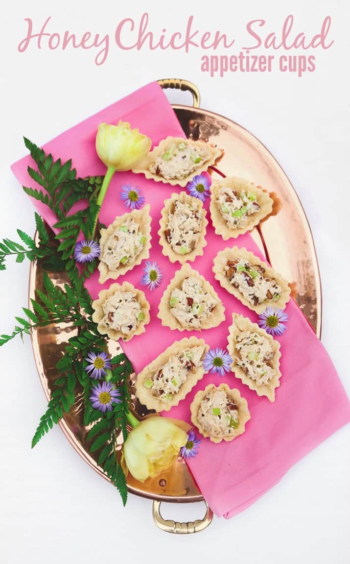 honey chicken salad cups appetizers on tray with pink napkin