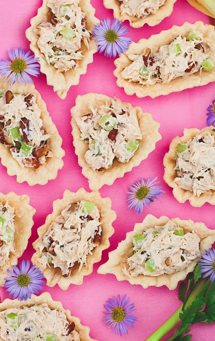 honey chicken salad cups appetizers on pink background