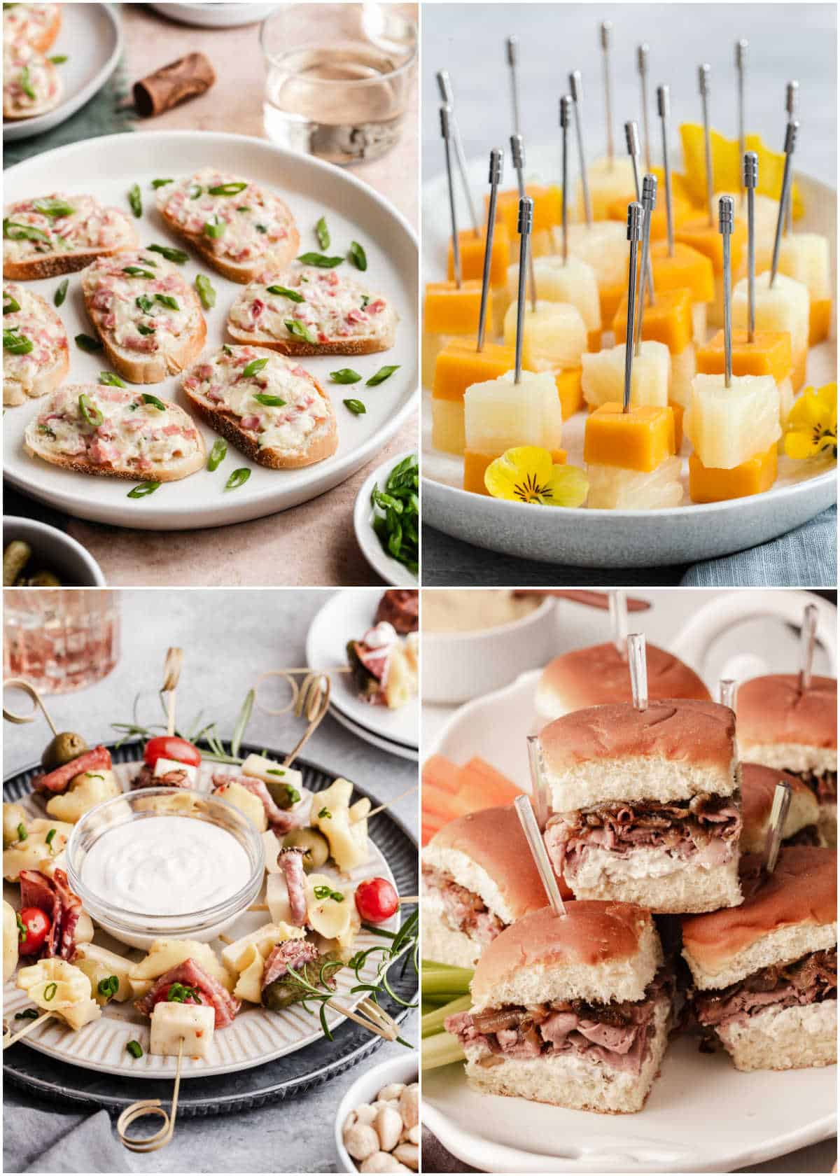 photo collage with 4 different appetizers made with cheese.