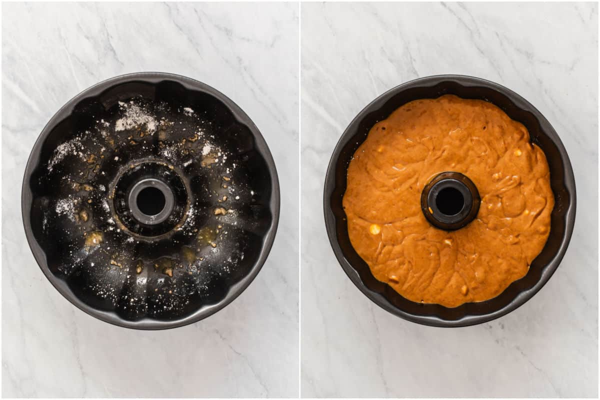 photo collage with greases and floured bundt pan on one side and bundt pan filled with batter on the other.