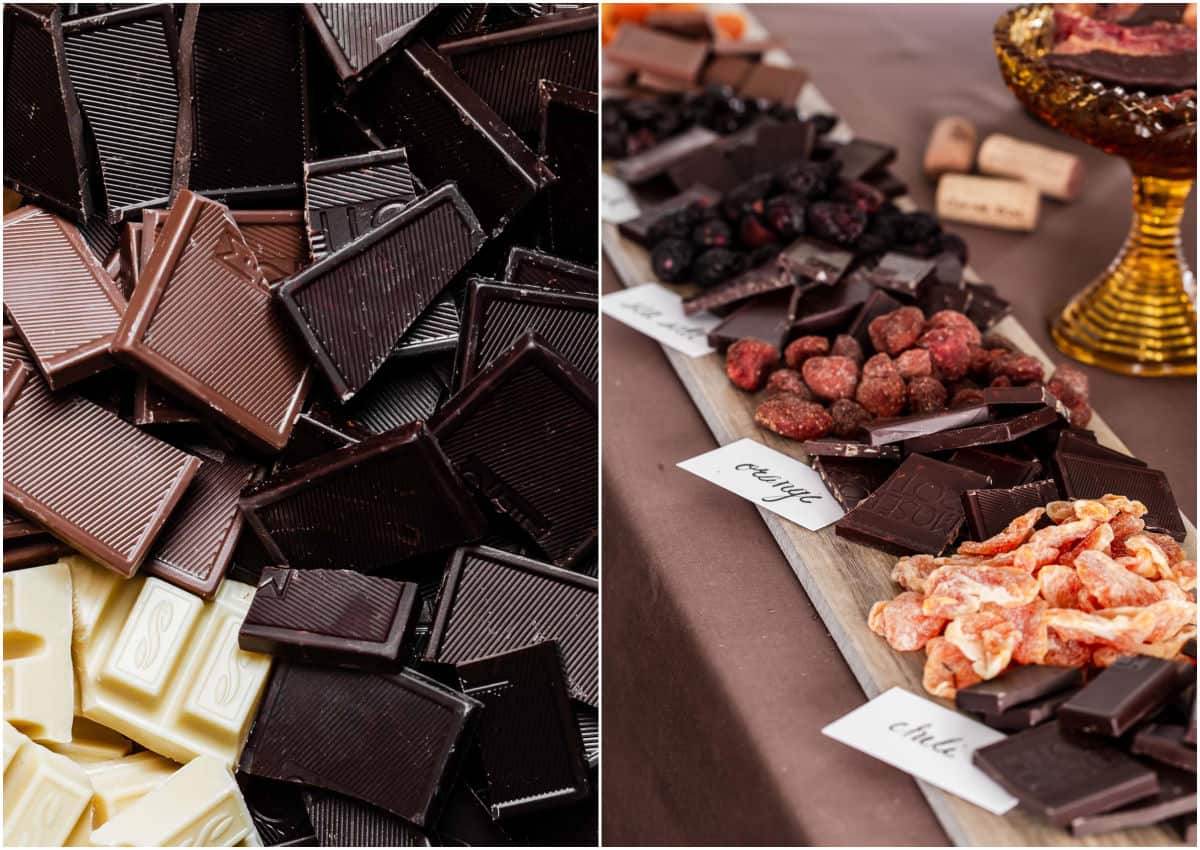 photo collage of chocolate pieces, and chocolate board with dried fruit.