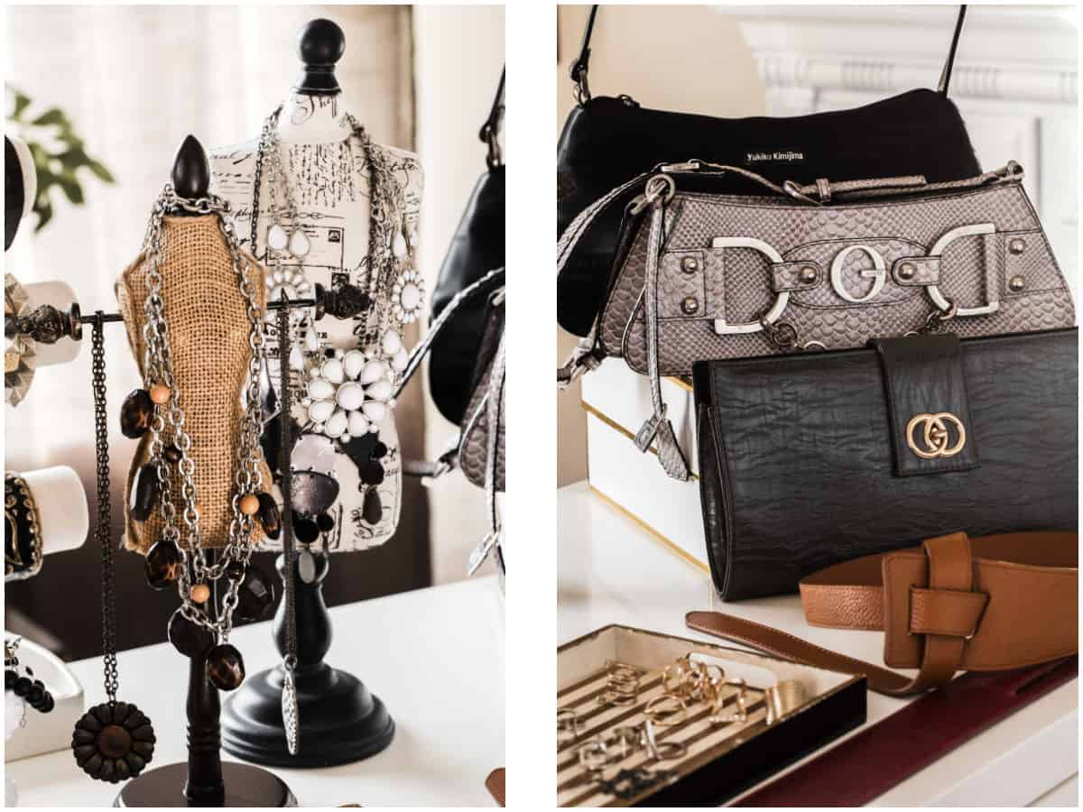 photo collage with jewelry displayed on mini dress forms, and purses in rows.