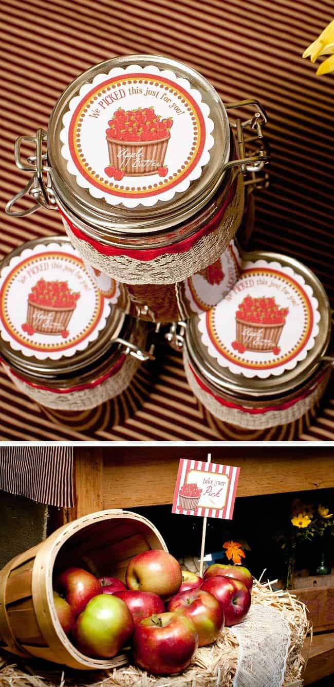 Apple themed autumn Engagement Party favors, apple butter with printable labels on top