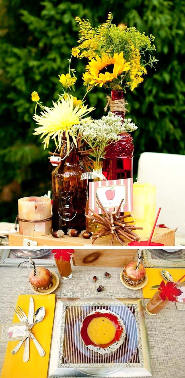 Apple themed autumn Engagement Party, foraged centerpiece in bottles