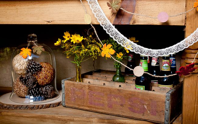 Apple themed autumn Engagement Party, vintage crate filled with micro brewery beers