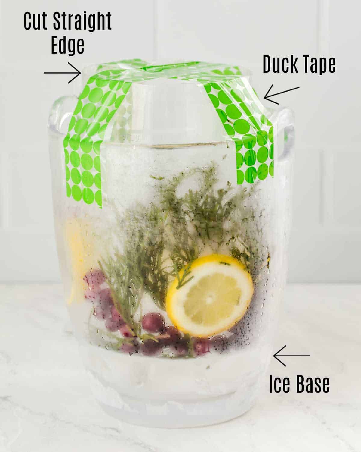 DIY ice mold for bottles with clear container and filler ingredients, on counter.