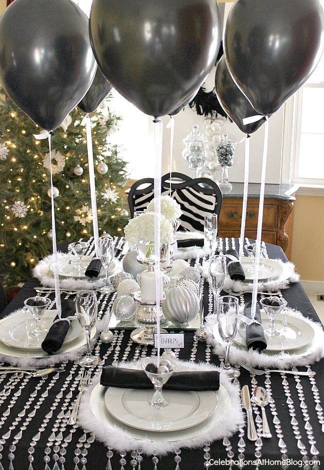 This black & white & silver holiday table will inspire any glamorous celebration including birthdays, anniversaries, even weddings!