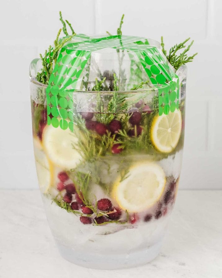 step 3 for how to make an ice mold, with clear container and filler ingredients.