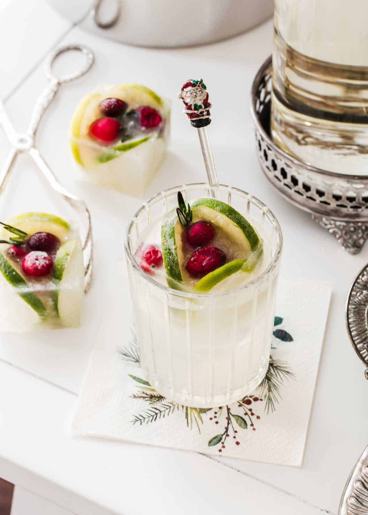 cocktail with decorative ice blocks infused with lime slices and cranberries.