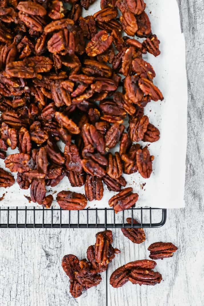 sweet & spicy pecans recipe on cooling rack overhead view