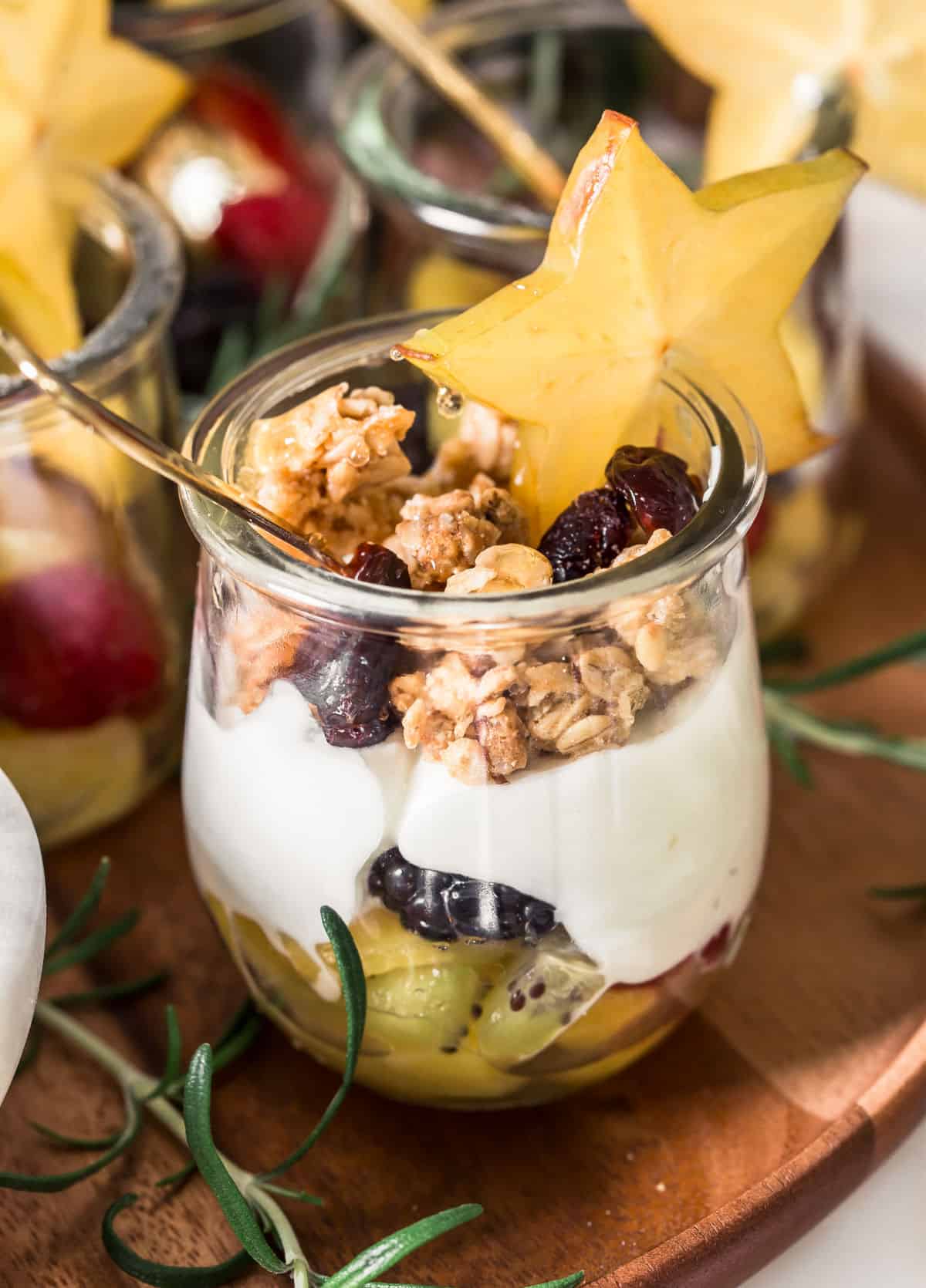 glass jar fruit and yogurt parfait