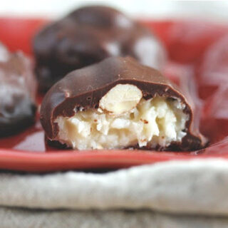 homemade coconut chocolate candies, close up.
