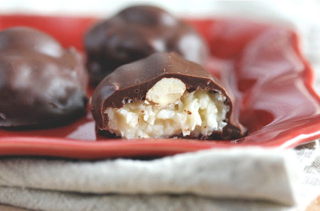 homemade coconut chocolate candies, close up.