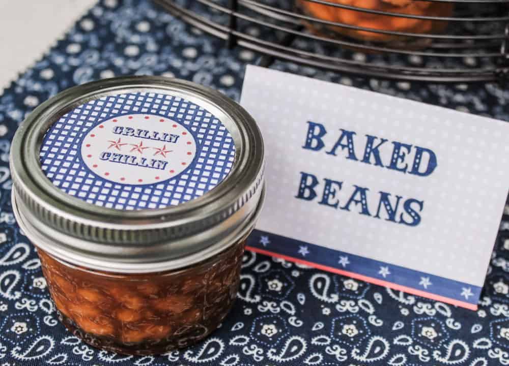 baked beans in small jar with printable labels.