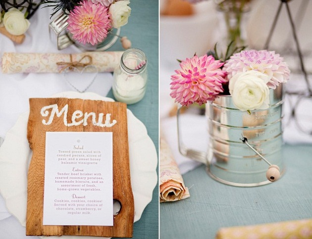 two images side by side with one showing a menu on wood board and the other with flowers displayed in vintage flour sifter. 