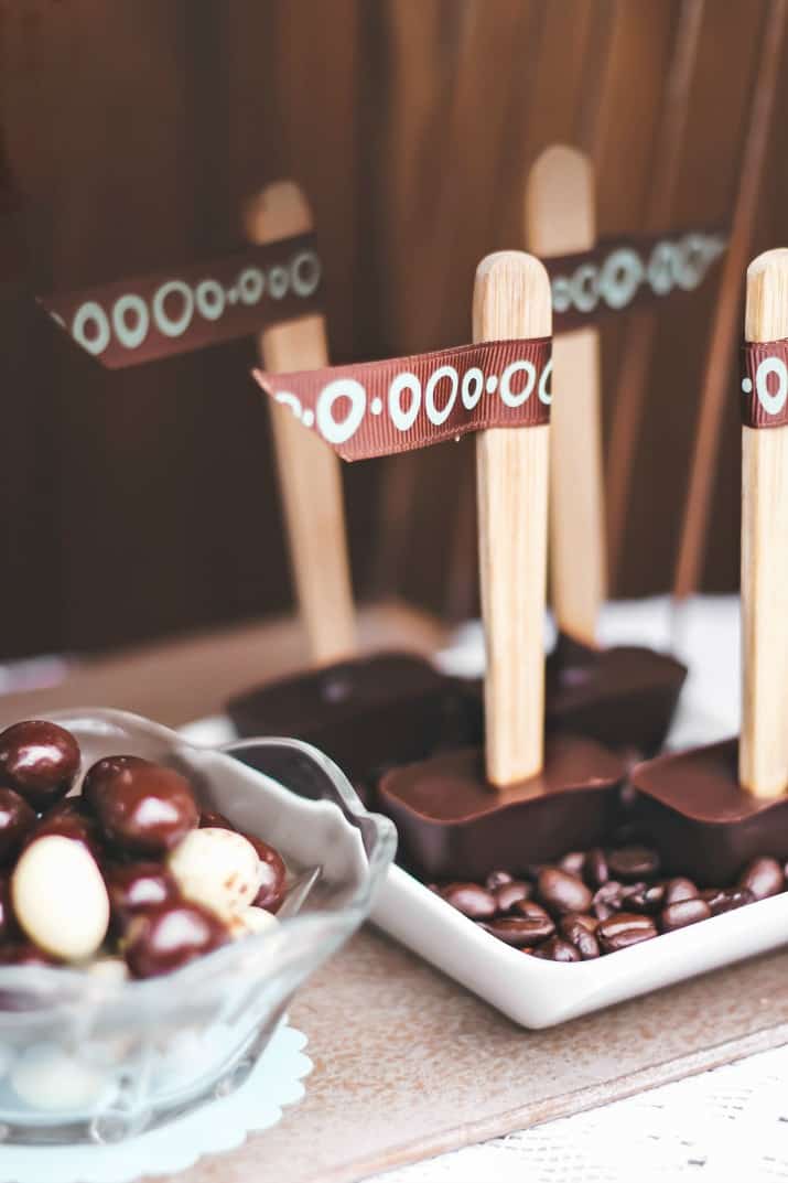 chocolate stir sticks and covered coffee beans