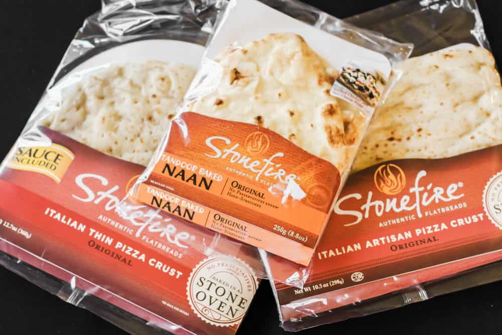 packages of Stonefire pizza crust and naan.