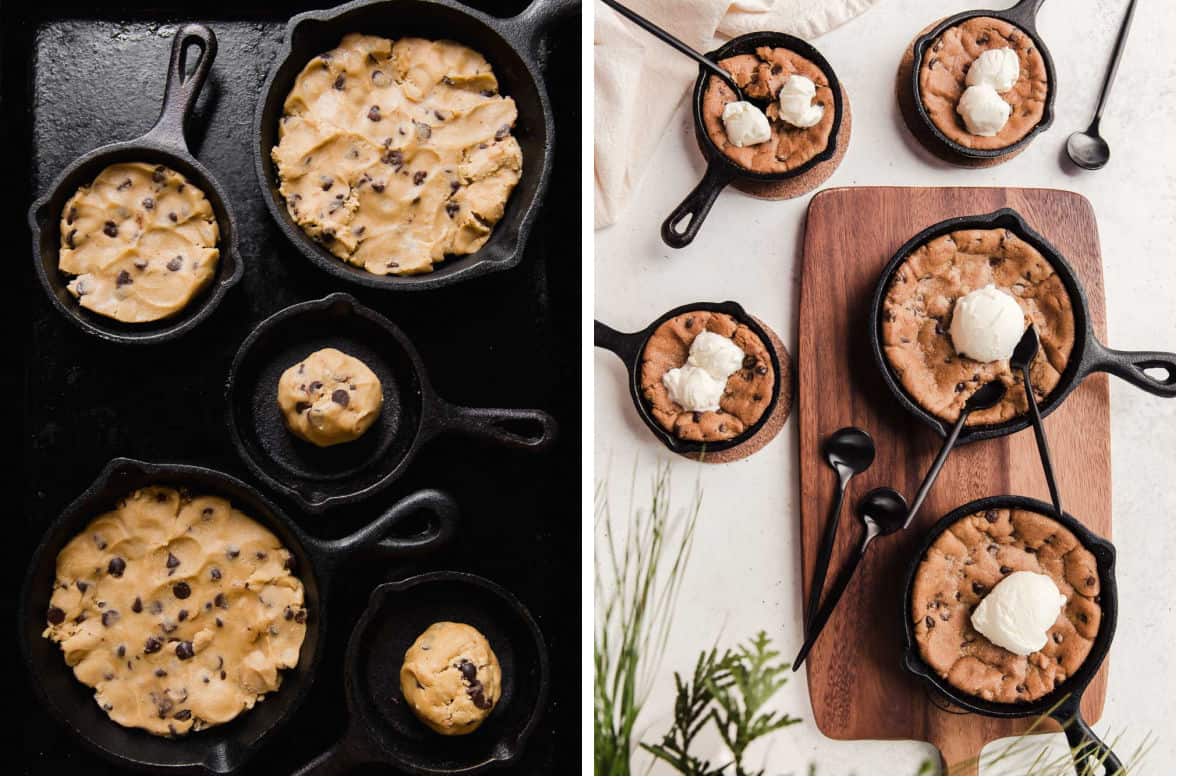photo collage of how to make easy cookies in mini skillets.