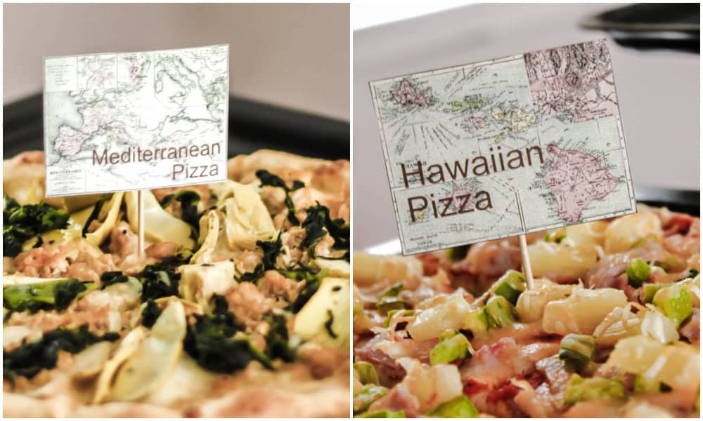 DIY pizza toppers made of mini maps for Italian style or Mediterranean style.