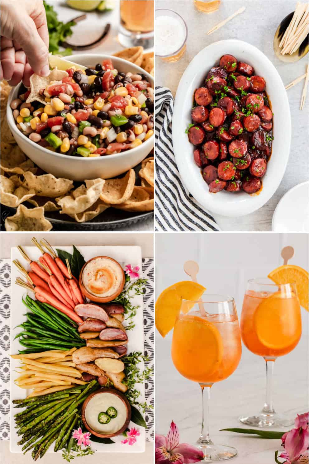 photo collage of bean dip, sausage bites, veggies, and Aperol spritz.