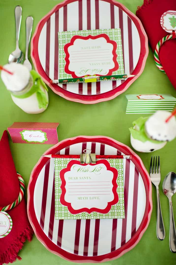 kids Christmas table place settings overhead view