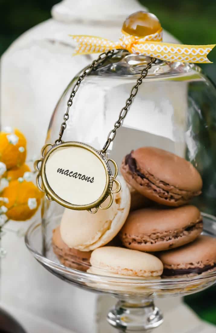 chocolate and vanilla macarons under glass dome