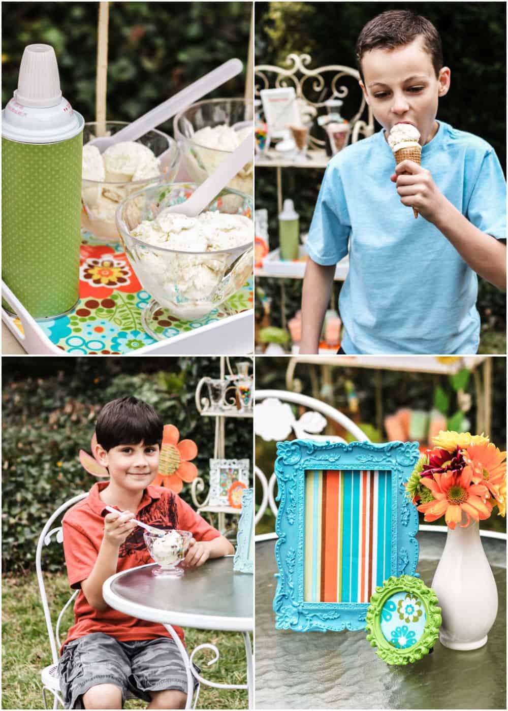 photo collage with kids eating ice cream at a party outside.