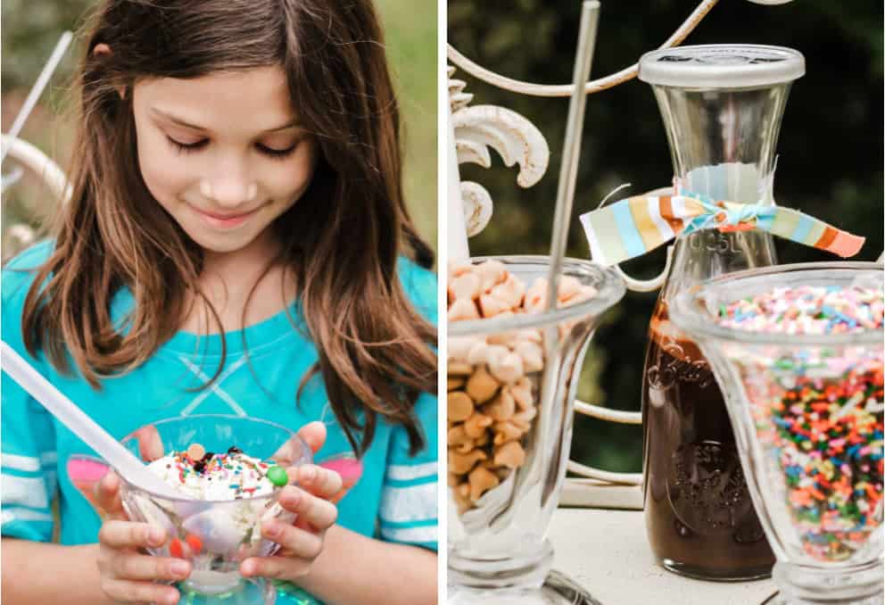 photo collage with ice cream sundae and toppings.