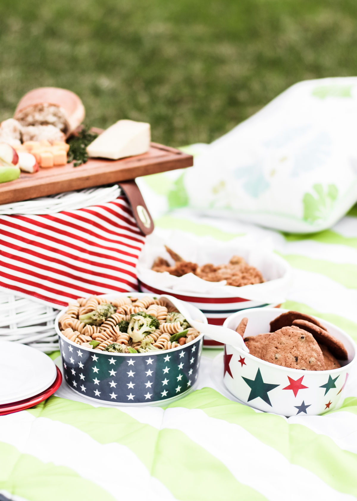 picnic outside with blanket and food in bowls.