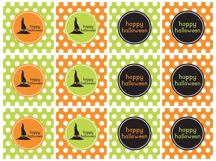 printable tags, green, orange, black with Happy Halloween printed, and witch hats