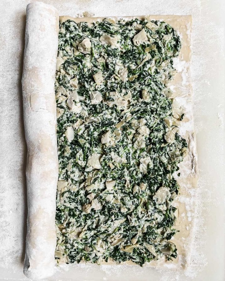 puff pastry filled with spinach artichoke filling.