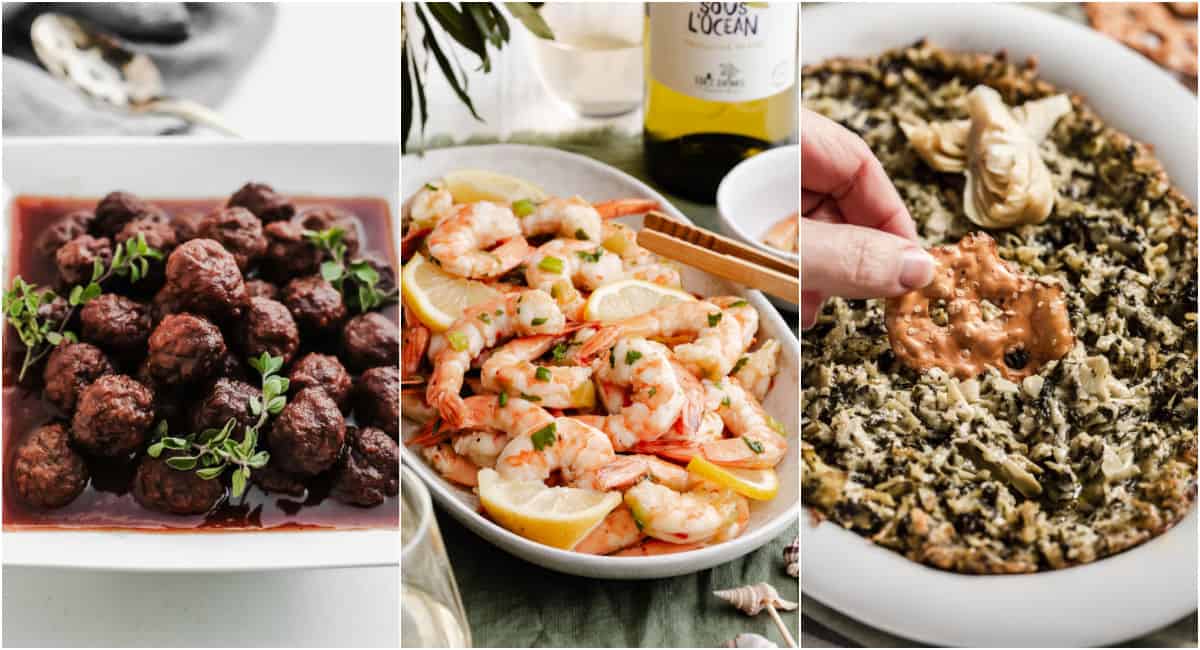 photo collage of appetizers with meatballs, shrimp and spinach dip.