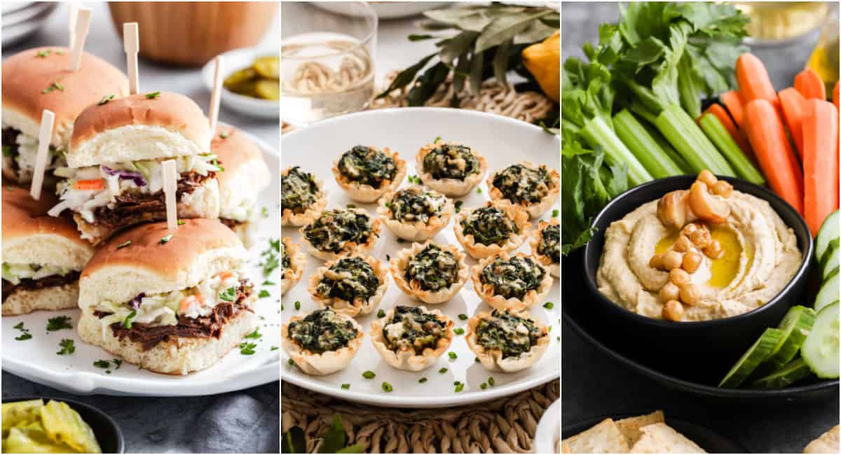 photo collage with mini bbq sandwiches, stuffed phyllo shells, hummus.