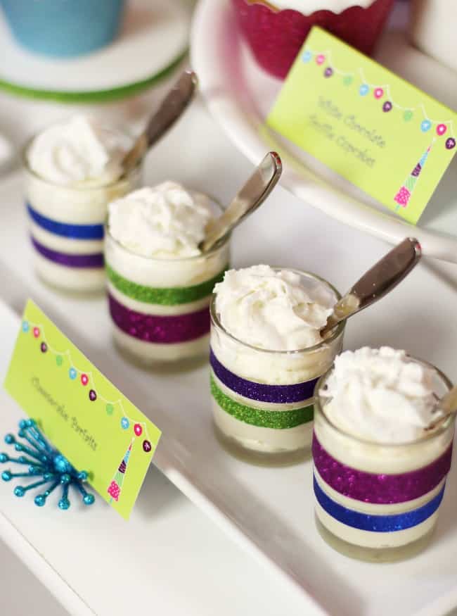 chocolate mousse shots on bright & glittery holiday party