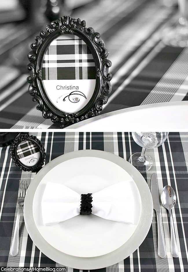 white plate on black and white plaid table