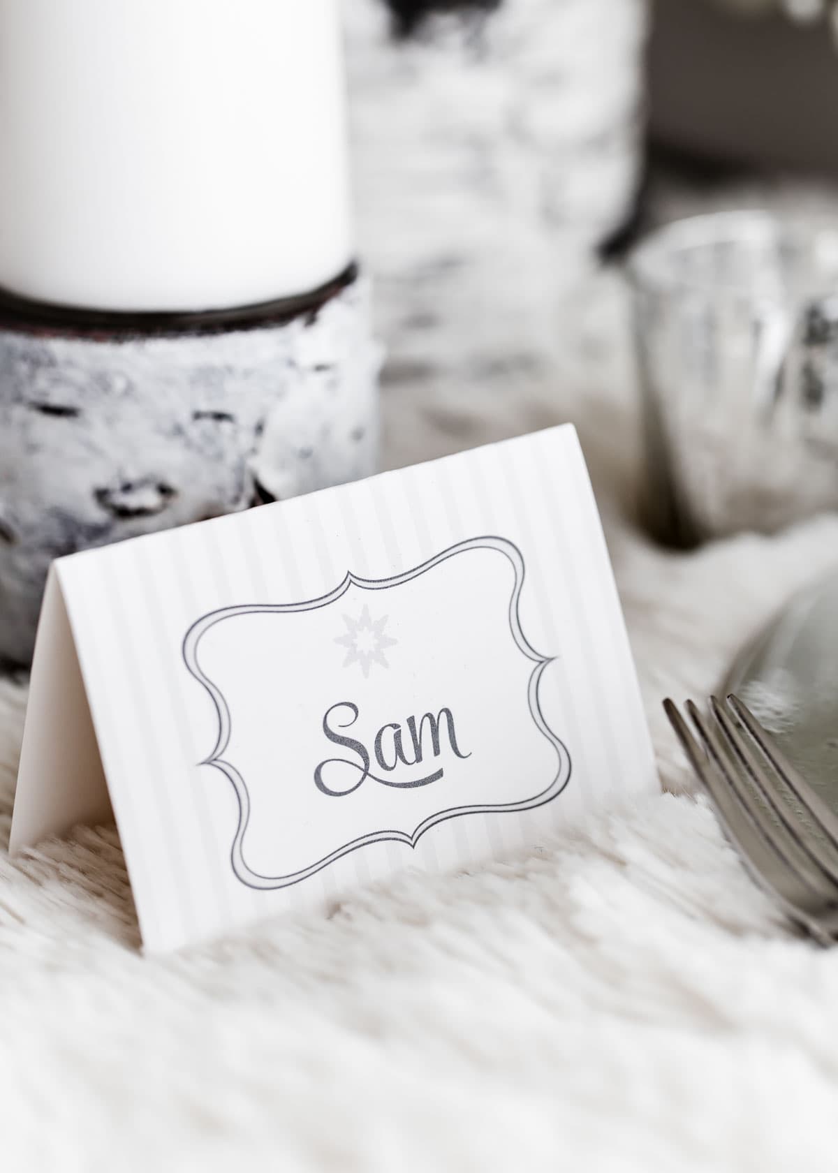 silver and white place card.