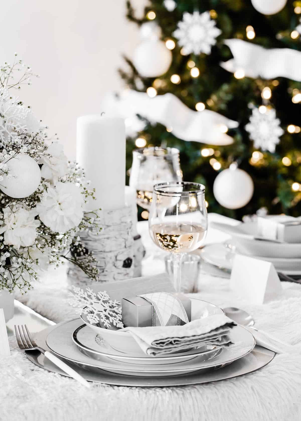 white winter themed Christmas tablescape.