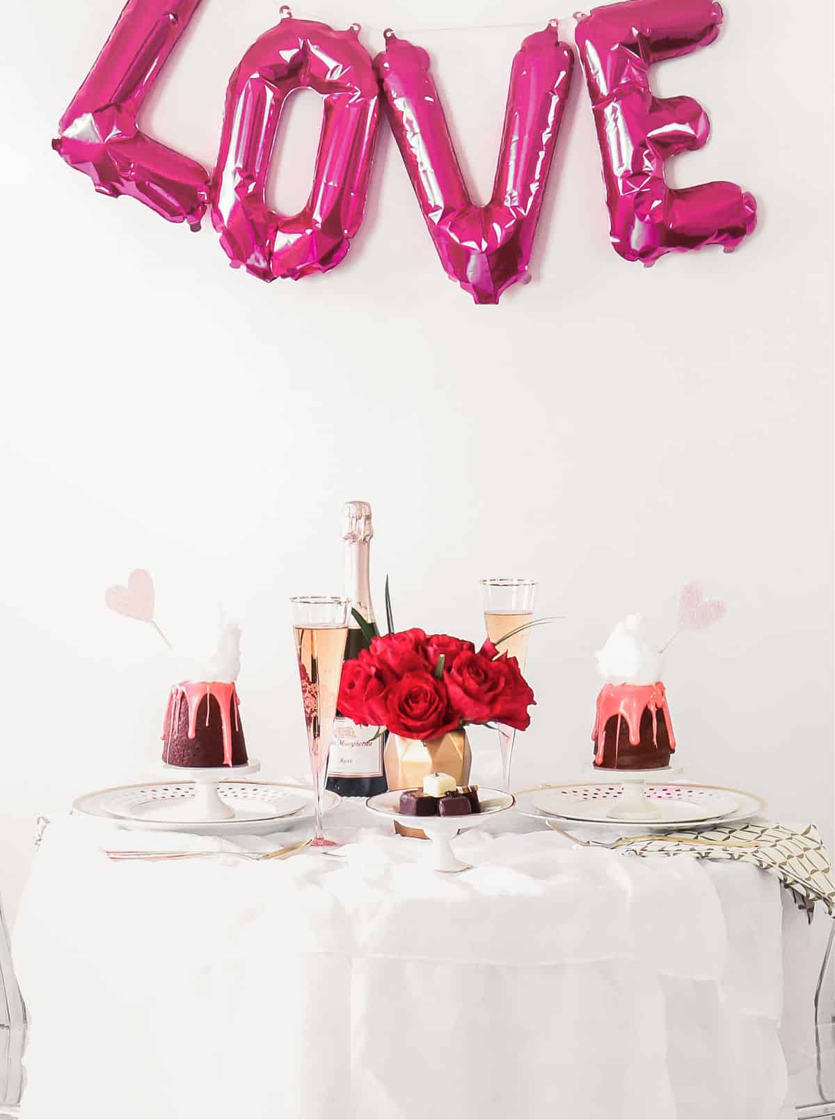 table for two decorated for Valentines day.