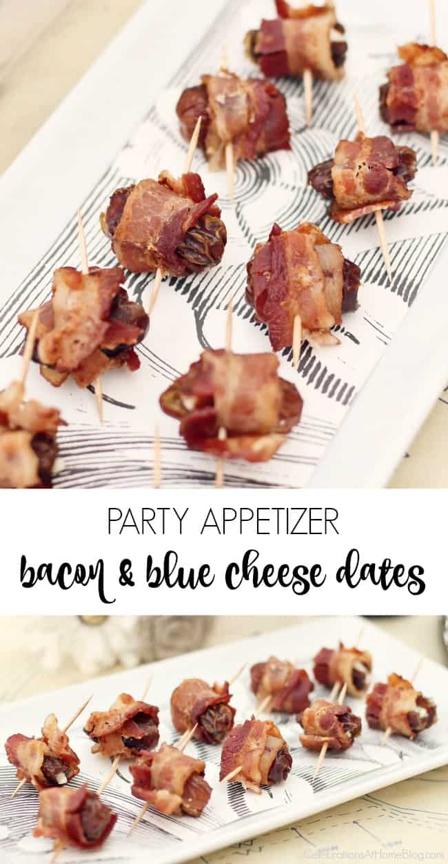 If you're looking for Party Appetizers with Bacon you've come to the right place. These bacon & blue cheese dates are a great choice for any occasion. It's such a great combination of flavors, I dare you to eat just one! #partyfood #appetizers #bacon #partyappetizers 