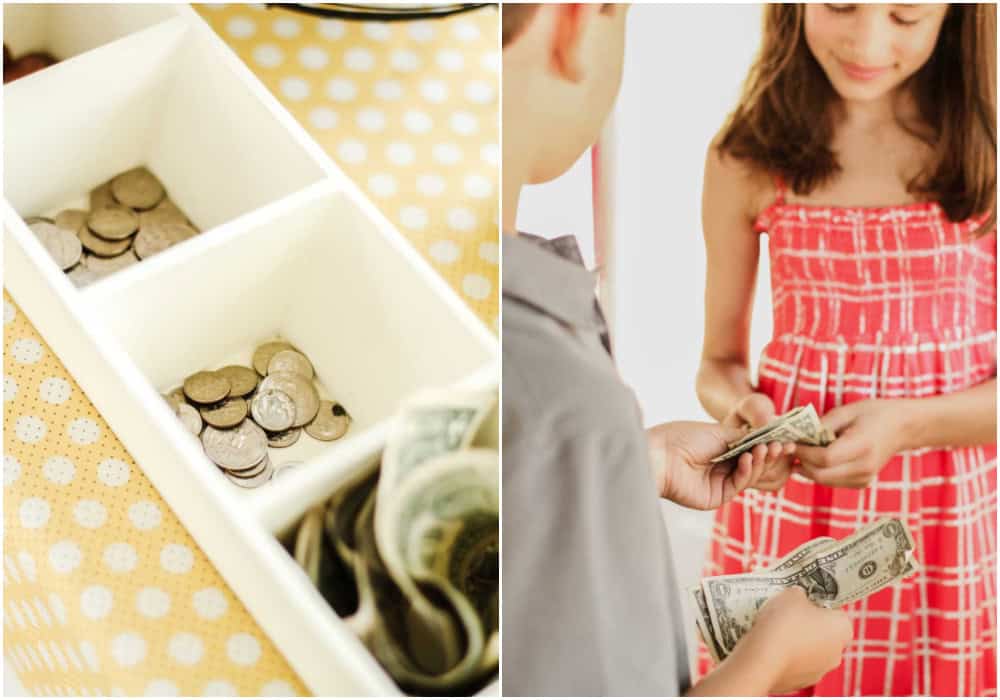 photo collage of small tray holding coins and dollars, and children counting money.