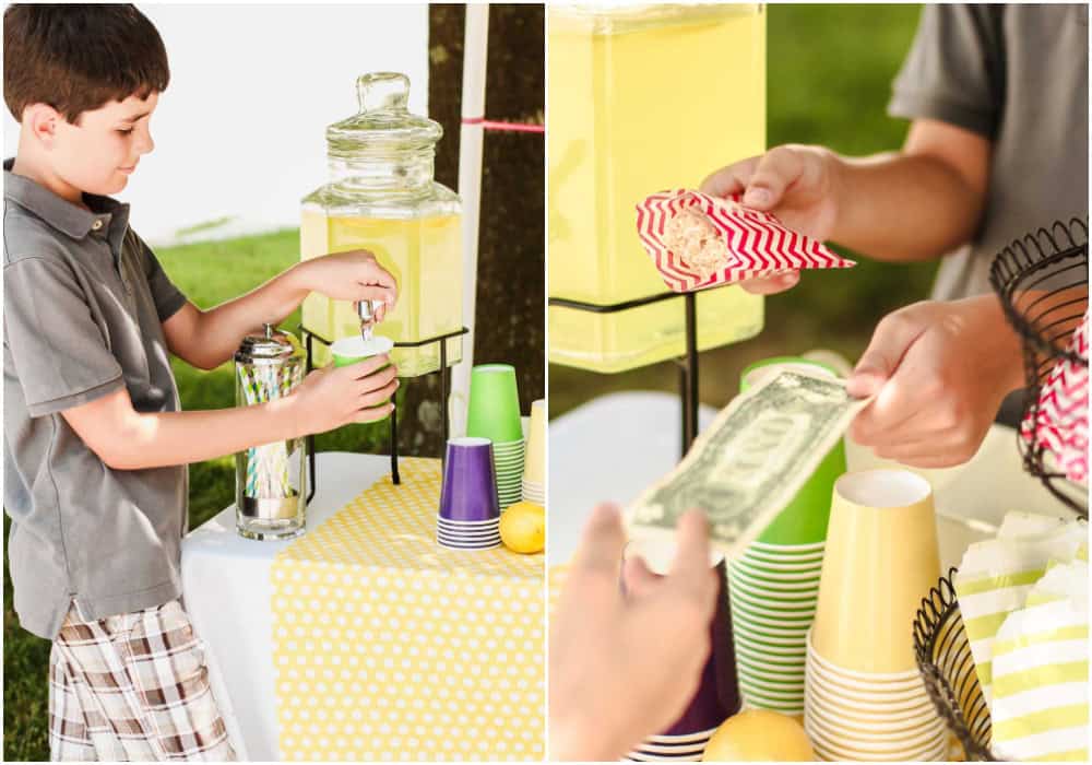 photo collage with boy pouring lemonade, and taking money from customer for a sweet treat.