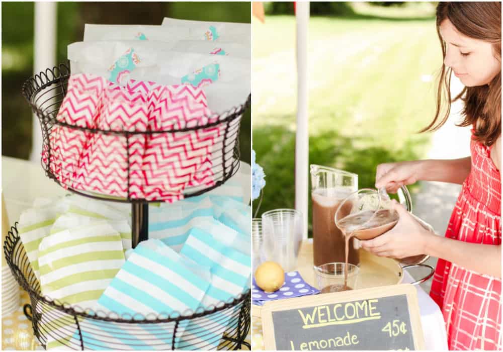 photo collage with colorful treat paper sacks, and girl pouring iced coffee.