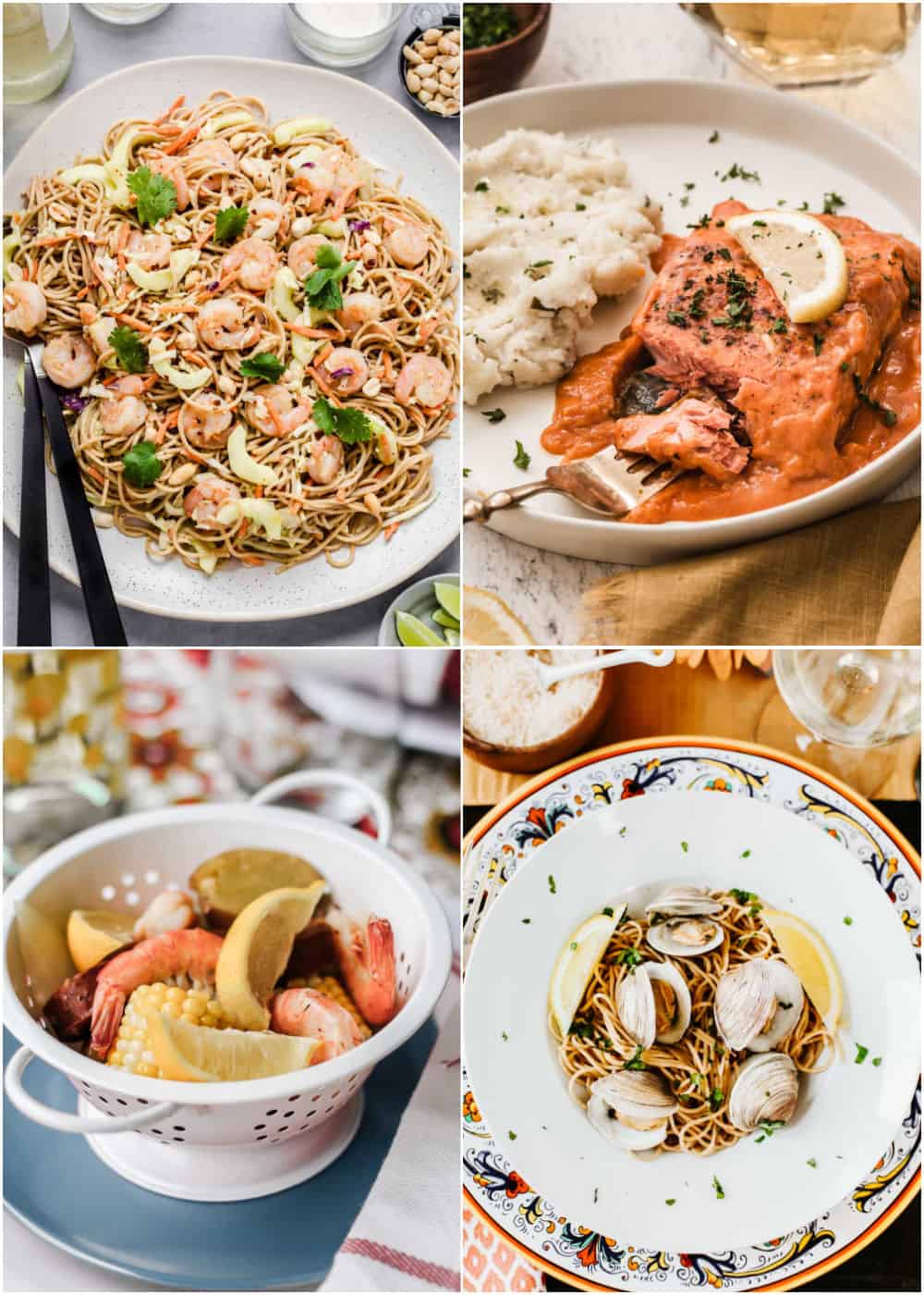 photo collage of four seafood dinner entrees. 